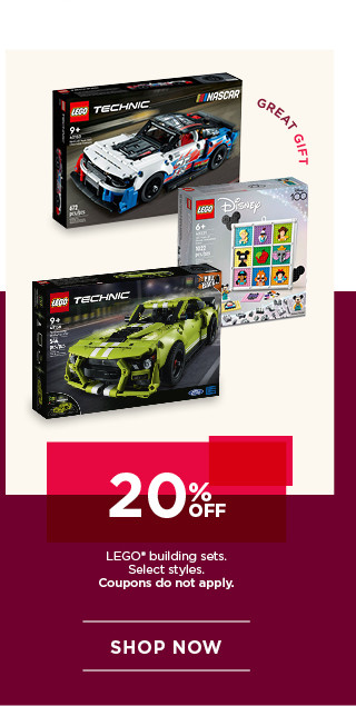 20% off Lego building sets. Select styles. Coupons do not apply. Shop now.