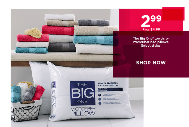 2.99 The Big One towels or microfiber bed pillows. Select styles. Shop now.