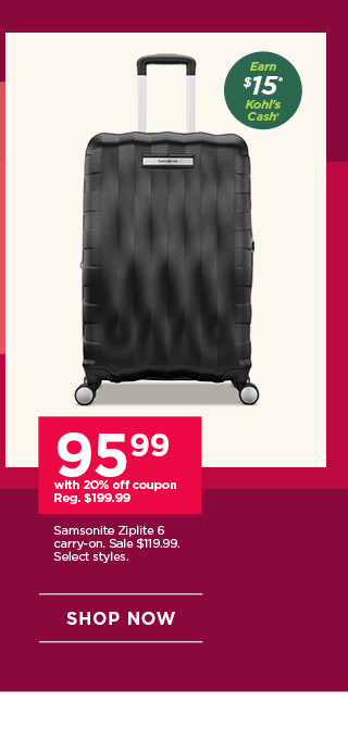 95.99 with 20% off coupon Samsonite Ziplite 6 carry-on. Sale 119.99. Select styles. Shop now.