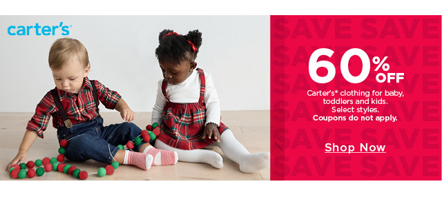 60% off Carters clothing for baby toddlers and kids. Select styles. Coupons do not apply. Shop now.