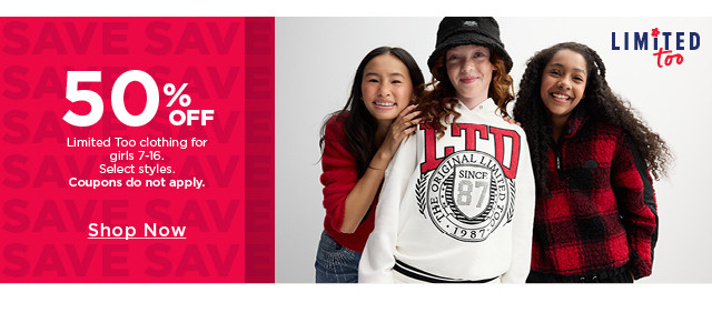 50% off Limited Too clothing for girls 7-16. Select styles. Coupons do not apply. Shop now.