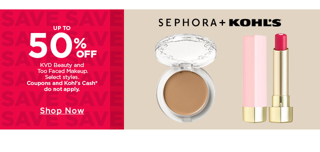 up to 50% off KVD beauty, too faces and bare minerals makeup. select styles. coupons and kohls cash do not apply. shop now.