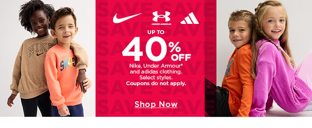 Up to 40% off Nike, Under Armour and adidas clothing for kids. Select styles. Coupons do not apply. Shop now.