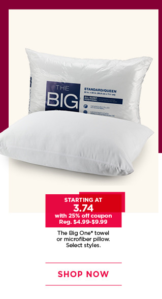 Starting at 3.74 with 25% off coupon The Big One towel or microfiber pillow. Select styles. Shop now.