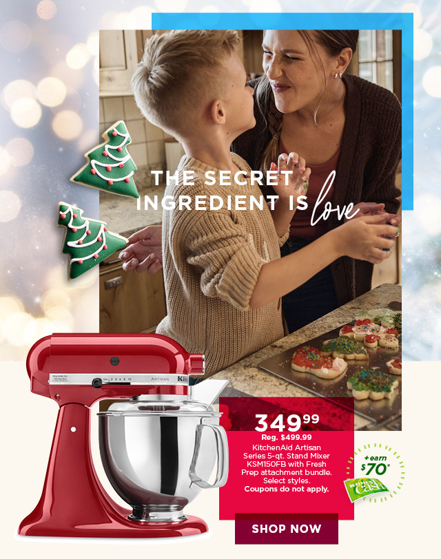 349.99 KitchenAid Artisan Series 5-quart stand mixer with fresh prep attachment bundle. Select styles. Coupons do not apply. Shop now.