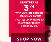 Starting at 3.74 with 25% off coupon The Big One bath towels. Select styles. Shop now.