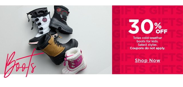 30% off Totes cold-weather boots for kids. Select styles. Coupons do not apply. Shop now.