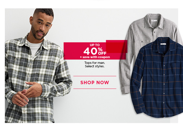 up to 40% off plus save with coupon tops for men. select styles. shop now. 