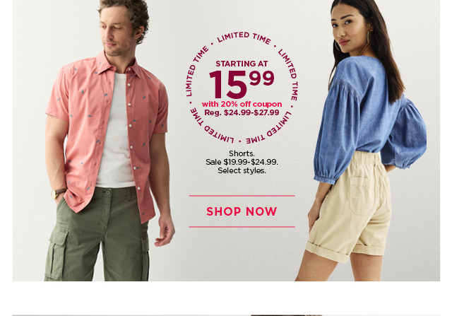 starting at $15.99 shorts for men and women with a 20% off coupon. 