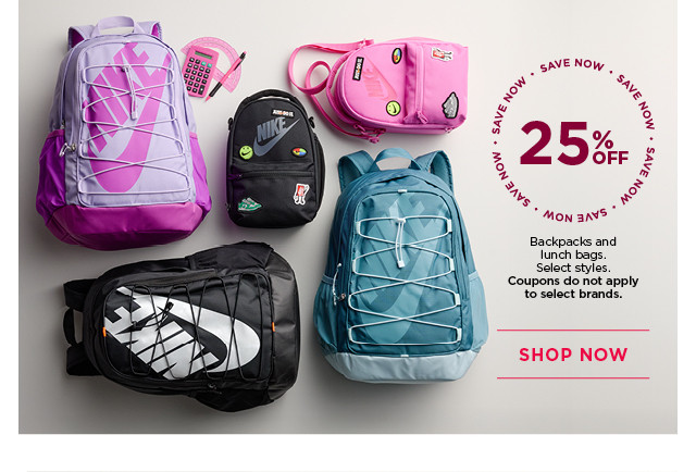25% off backpacks and lunch bags