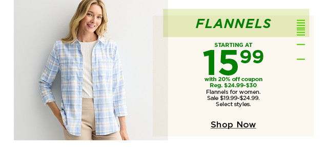 flannels for women starting at $15.99 with 20% off coupon