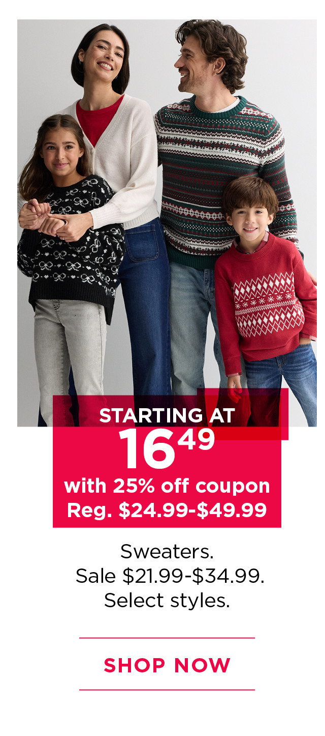 starting at $16.49 with 25% off coupon sweaters