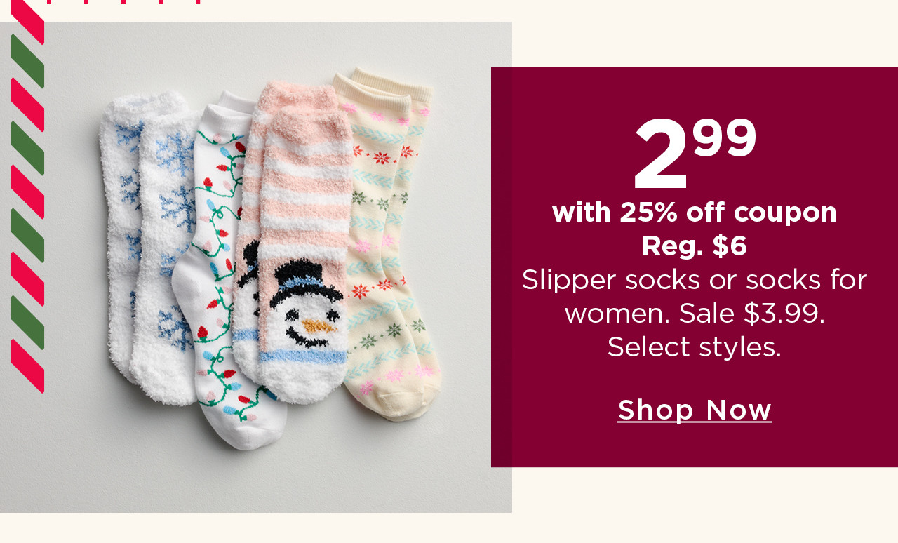 $2.99 with 25% off coupon slipper socks or socks for women