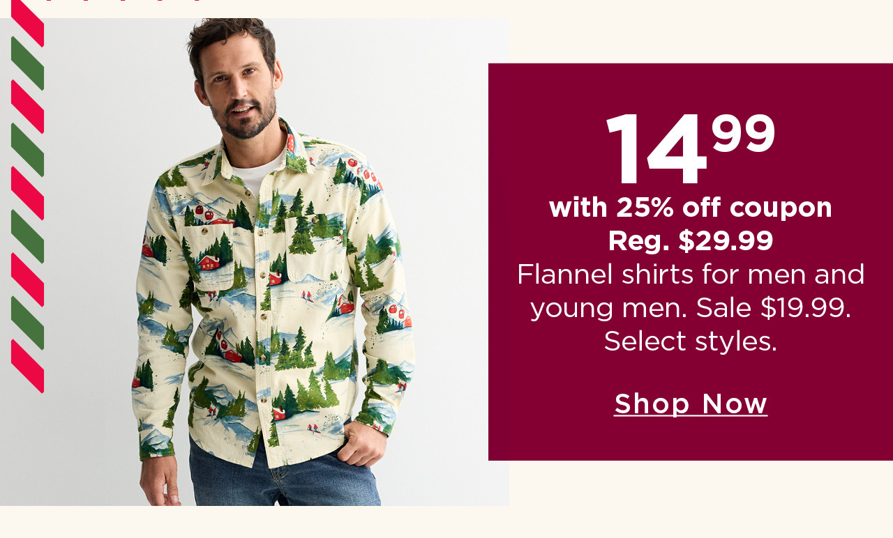 $14.99 with 25% off flannel shirts for men and young men