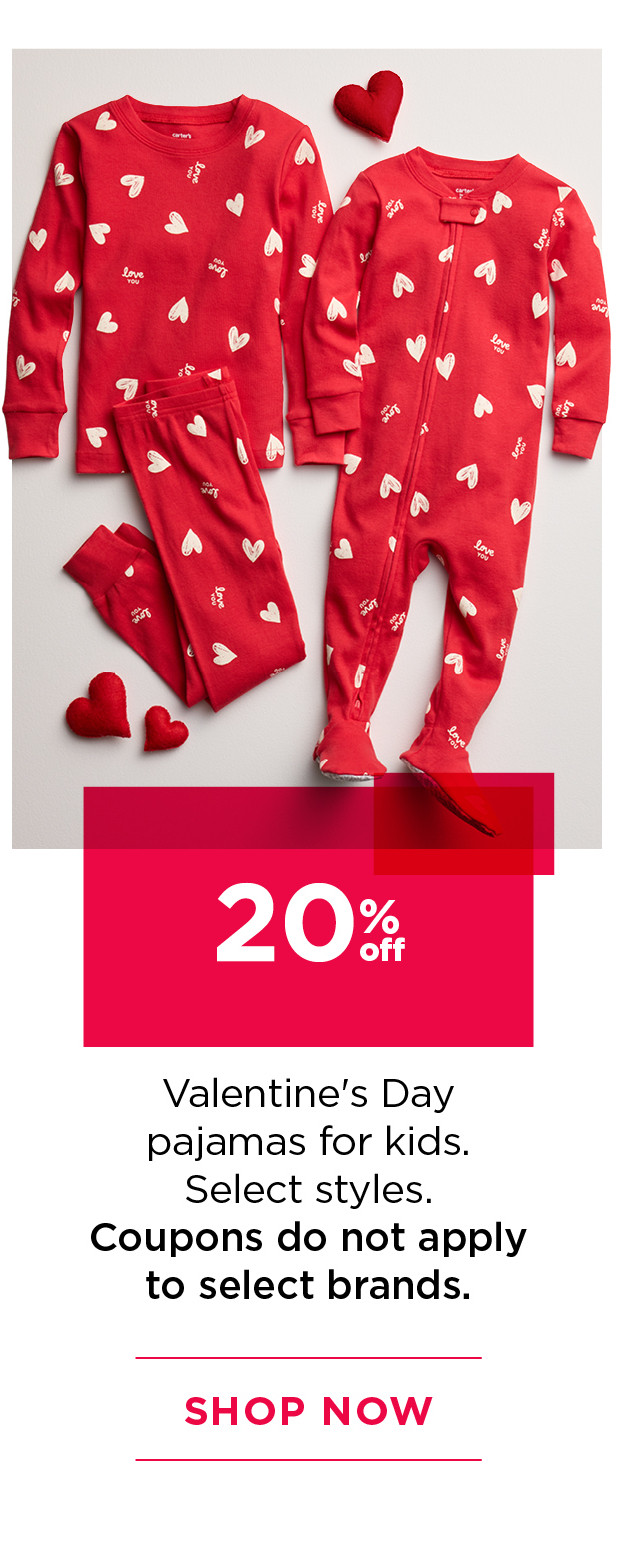 20% off valentines day pajamas for kids