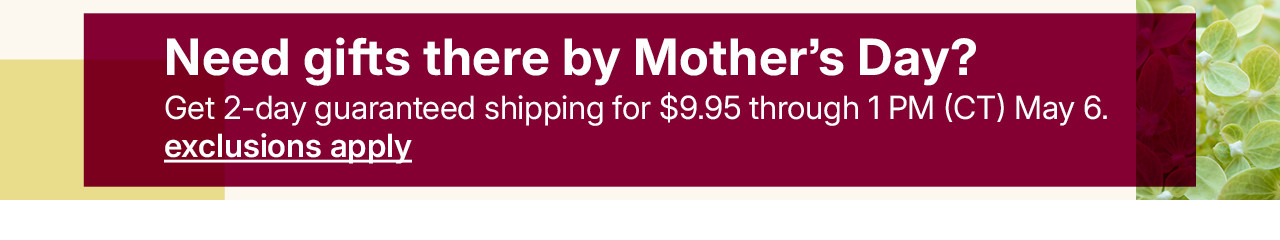 need gifts there by mother's day? get 2-day guaranteed shipping for $9.95. exclusions apply.