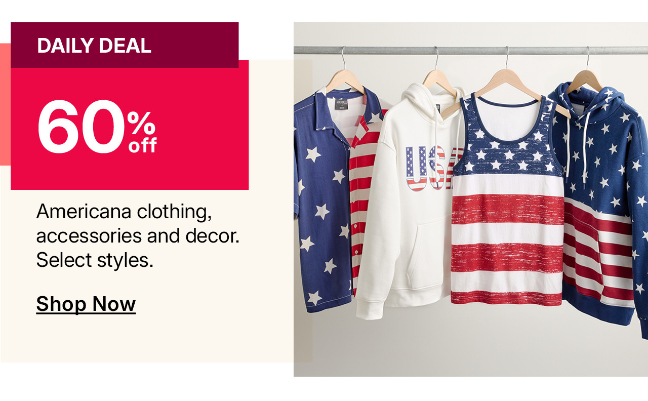 60% off americana clothing, accessories and decor