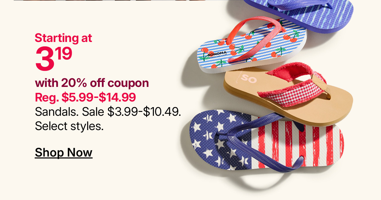 starting at $3.19 with 20% off coupon sandals
