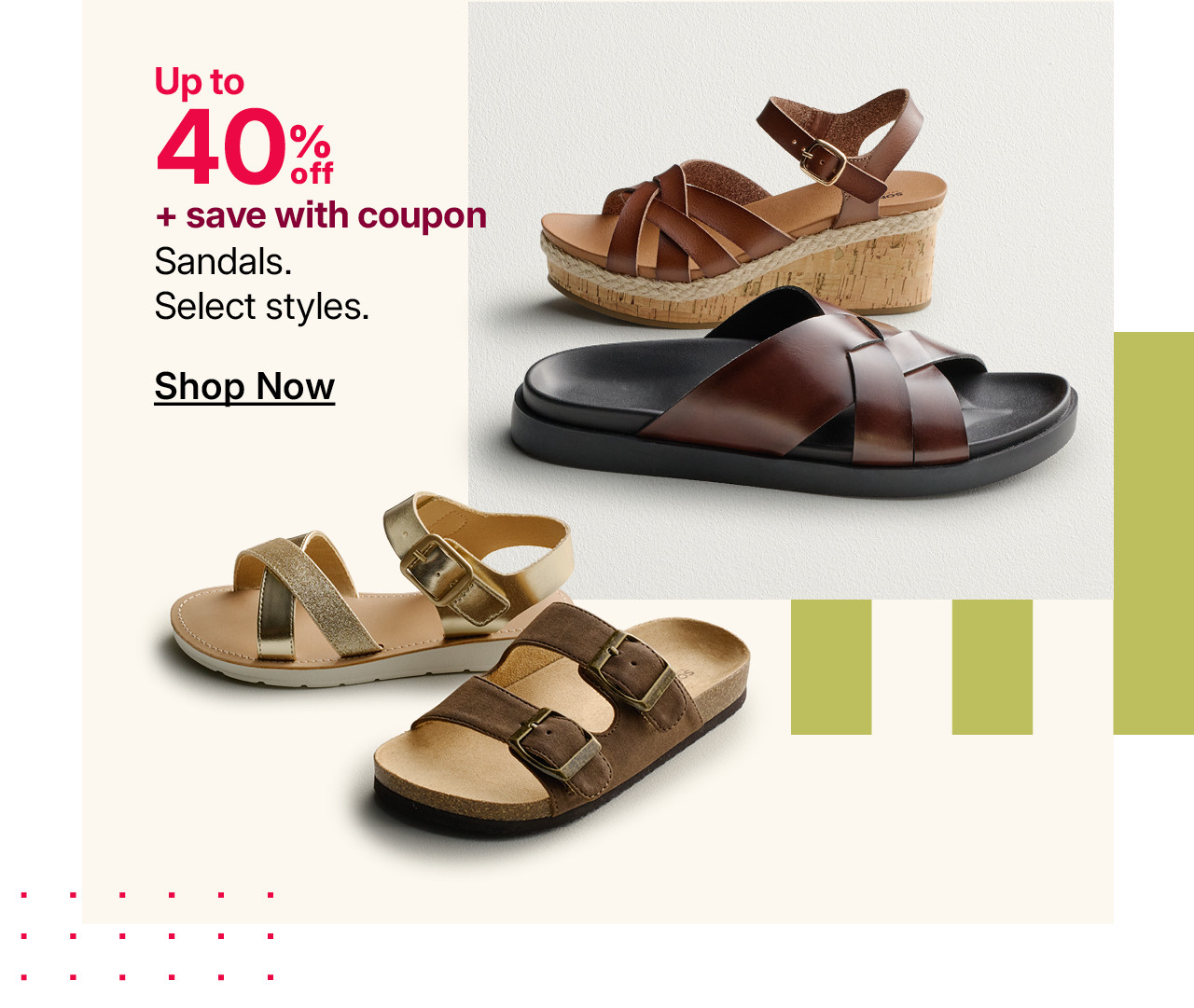 up to 40% off plus save with coupon sandals