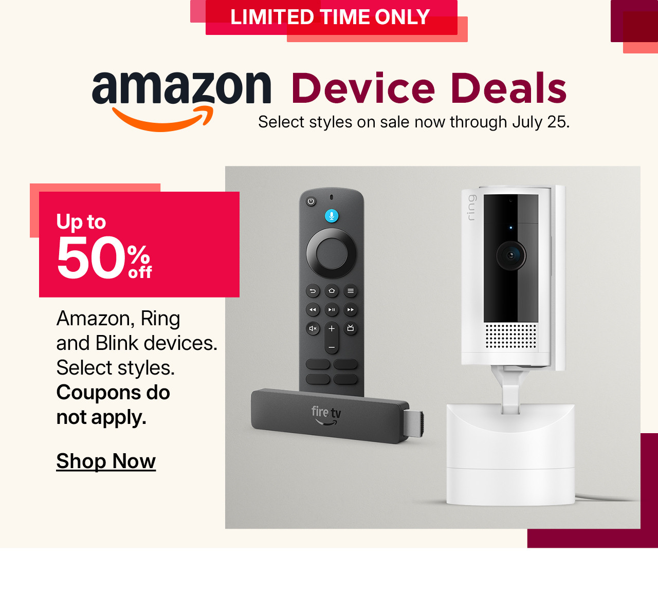 up to 50% off amazon, ring and blink devices.