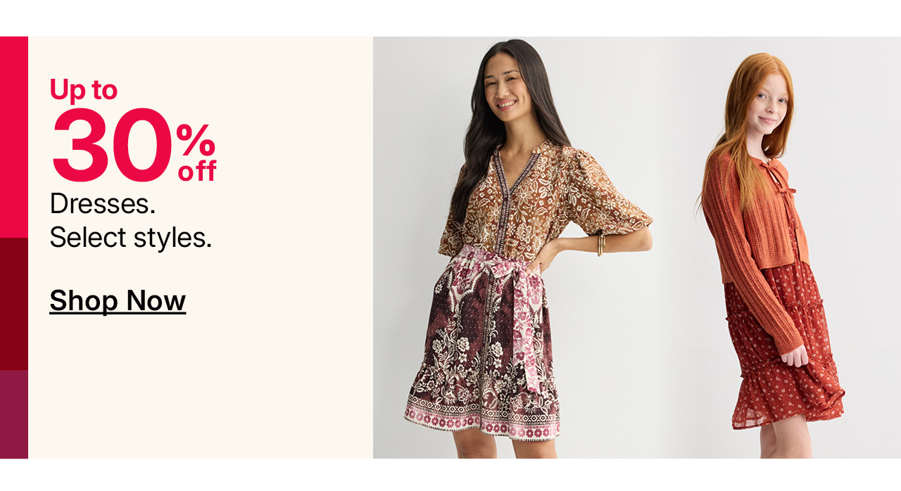 up to 30% off dresses for women, juniors, and kids